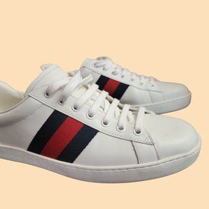 Gucci Ace Leather Men's Shoes, White / Red / Blue, Gucci Size 8.5 (US 9)